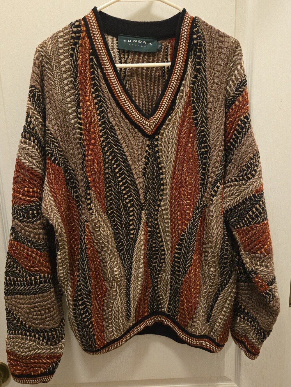 90s Tundra Canada 3D Knit V-Neck Sweater Mens XL Earthtone Coogi Style Cosby